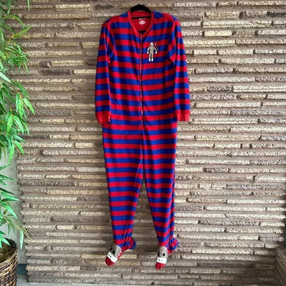 Nick and Nora Striped Sock Monkey Footed Footies 1 Piece Pajamas Size Medium - Picture 1 of 8
